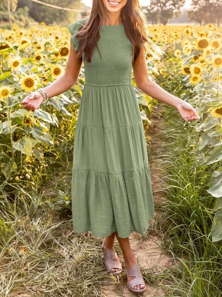 Joëlle - Robe d'été élégante à volants, poches Vert 