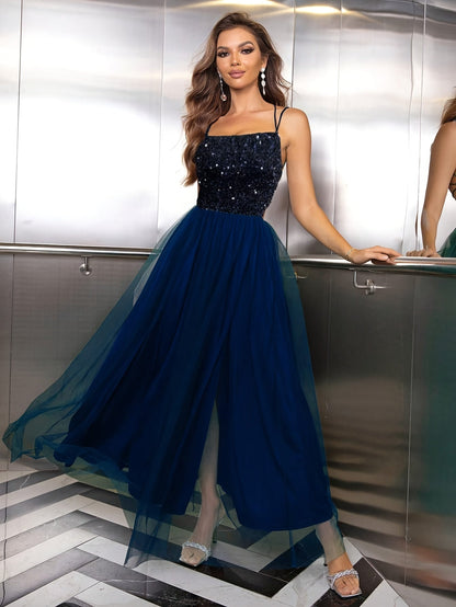Josiane - Robe de soirée noire à paillettes Bleu