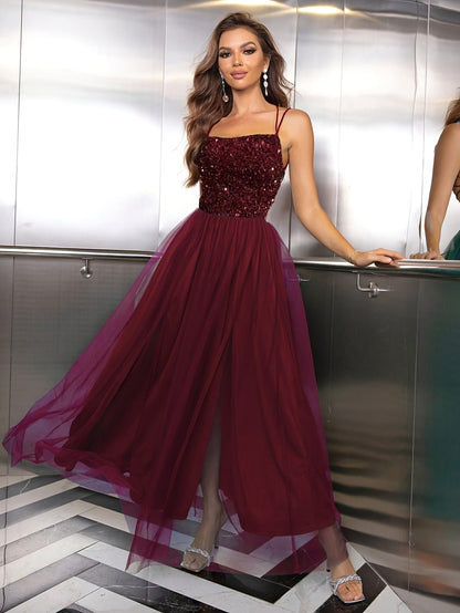 Josiane - Robe de soirée noire à paillettes Bourgogne