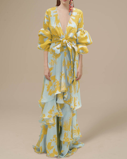 Kenina - Robe de cérémonie imprimée en mousseline de soie Jaune