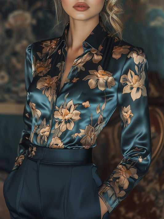 Loriane - Florale Satiné Imprimé Chemisier Bleu