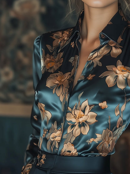 Loriane - Florale Satiné Imprimé Chemisier Bleu 3