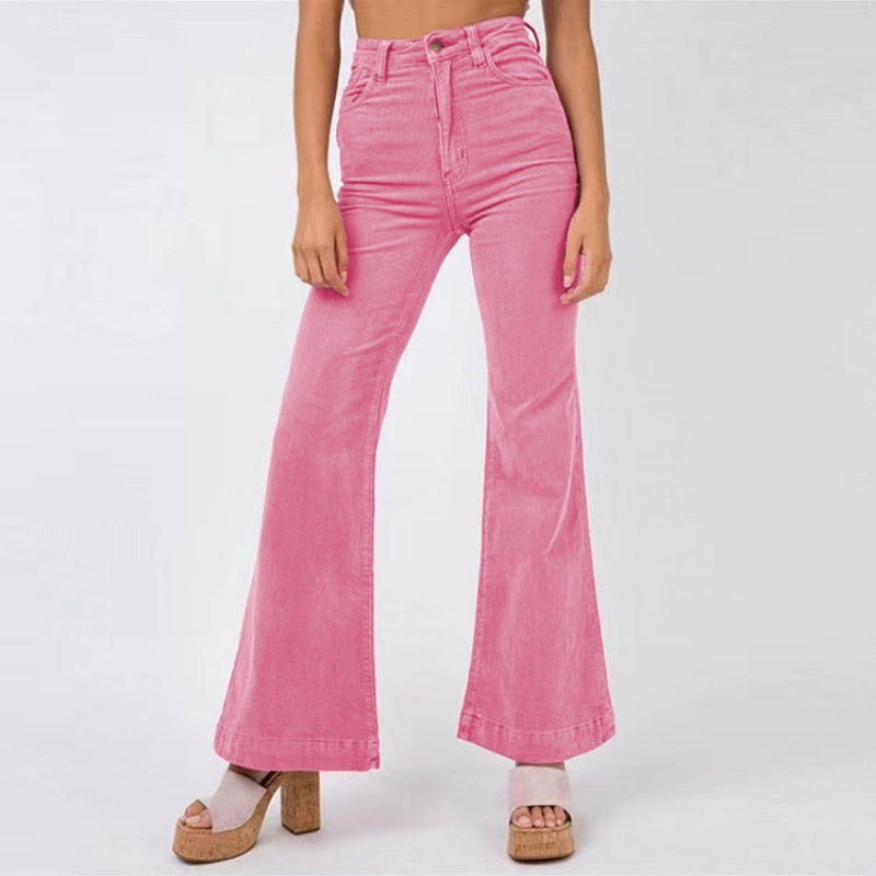 Louisa - Pantalon évasé en Velours Côtelé avec Poches pour Femmes Rose