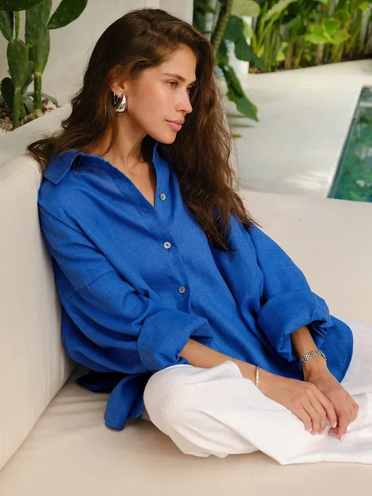 Ludivine - Surdimensionné Lin Chemisier Pour Femmes Bleu 2