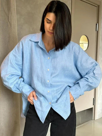 Ludivine - Surdimensionné Lin Chemisier Pour Femmes Bleu clair 2