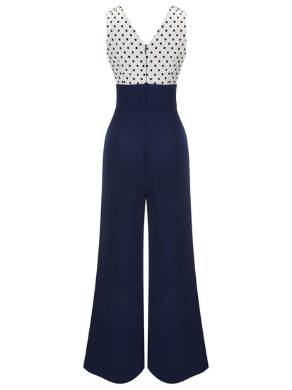 Béatrice – Combinaison Vintage Femme Bleu à Pois Col V Soirée