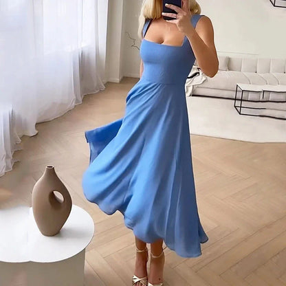 Valina - elegante, ärmellose, einfarbige Kleider Blau