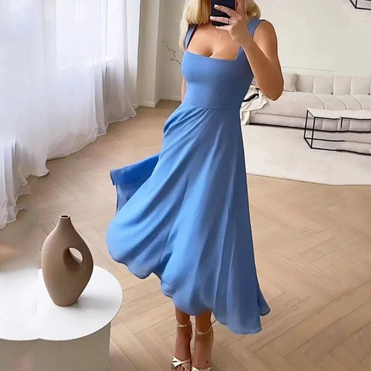 Valina - elegante, ärmellose, einfarbige Kleider Blau