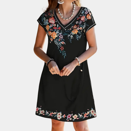 Écaterina - Robe d'été noire à fleurs Noir