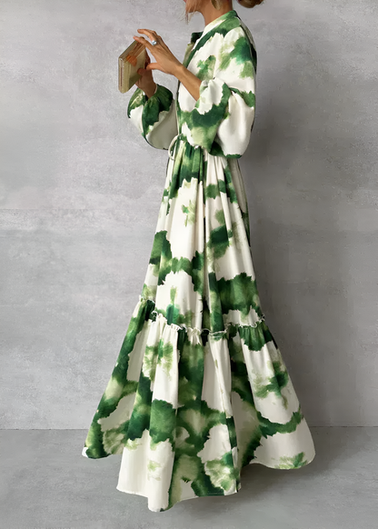 Édelie - Maxi robe verte manches longues & col V Blanc et vert