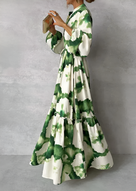 Édelie - Maxi robe verte manches longues & col V Blanc et vert