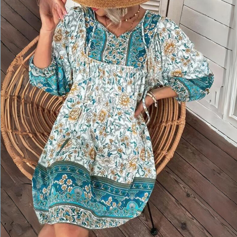 Édith - Robe d'été bohème de style Bleu clair