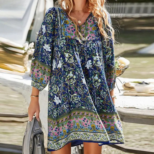 Édith - Robe d'été bohème de style Bleu marine