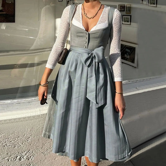 Élaine - Robe dirnd à manches longues pour femme avec noeud Bleu