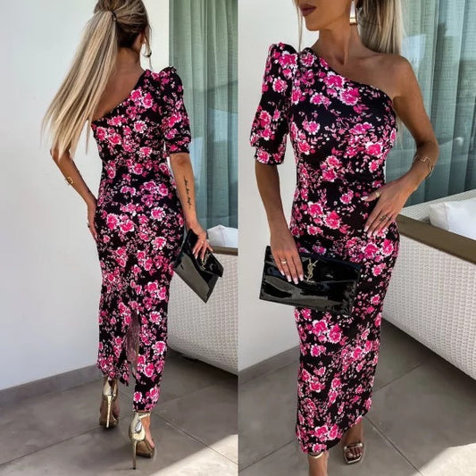 Élia - Robe bodycon fleurie à une épaule Noir