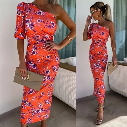 Élia - Robe bodycon fleurie à une épaule Orange