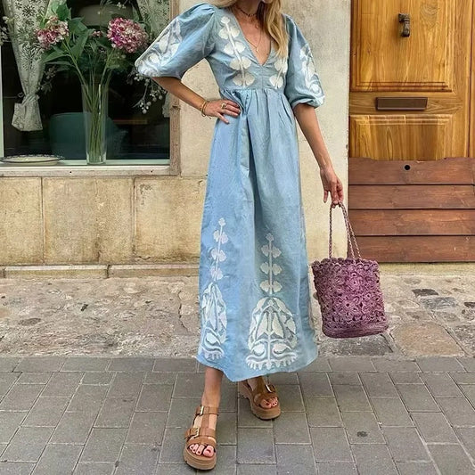 Élissa - Robe imprimée pour une élégance sans effort Bleu ciel