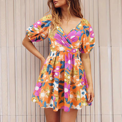 Élodia - Mini-robe fleurie à manches bouffantes Orange