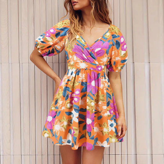 Élodia - Mini-robe fleurie à manches bouffantes Orange