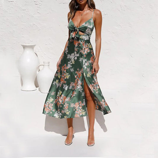 Émy - Longue robe fleurie avec fentes Vert