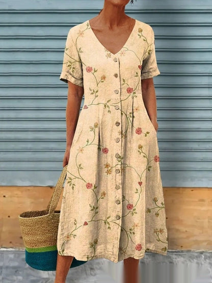 Émyline - Robe midi avec imprimé floral et fermeture boutonnée sur le devant Abricot