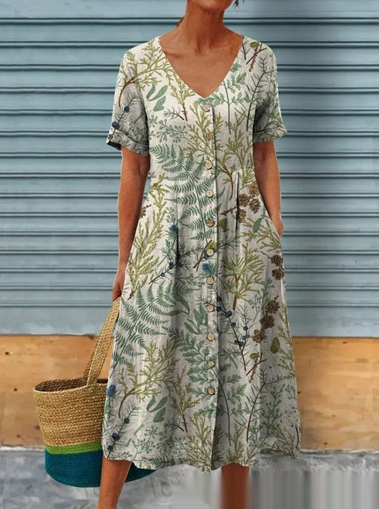 Émyline - Robe midi avec imprimé floral et fermeture boutonnée sur le devant Fleurs
