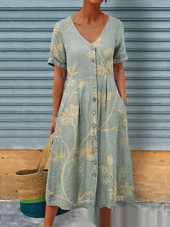 Émyline - Robe midi avec imprimé floral et fermeture boutonnée sur le devant Vert clair