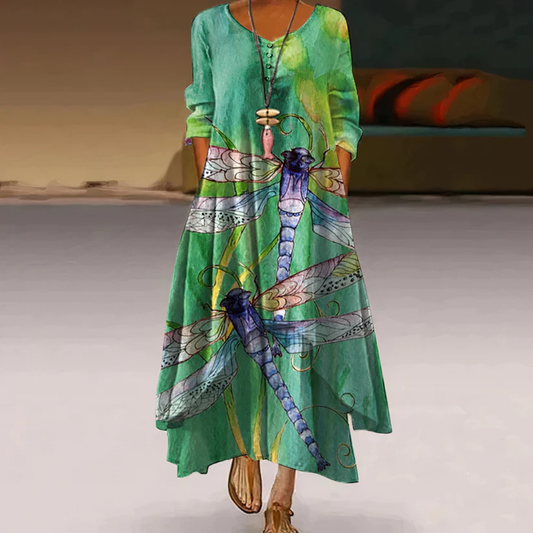 Énola - Robe d'été femme double épaisseur manches longues imprimée Vert