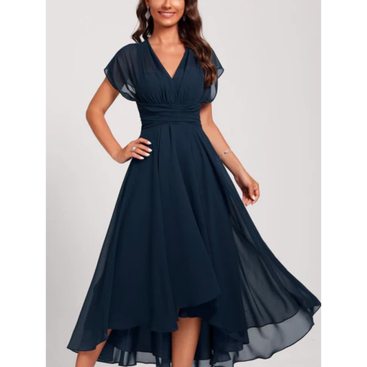 Ézilda - Robe de cérémonie femme col V évasée Bleu marine